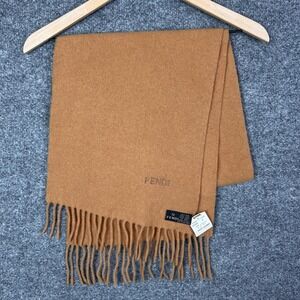Vintage W/TAG Fendi Lambswool Scarf Made In Italy Designer Logo Brown Fringe